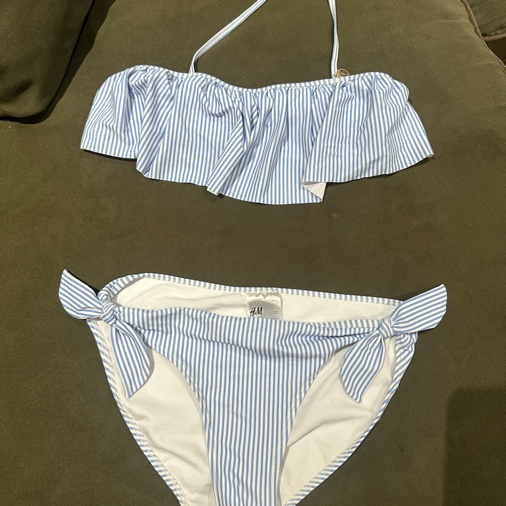 H&M Light Blue and White Striped Swimwear